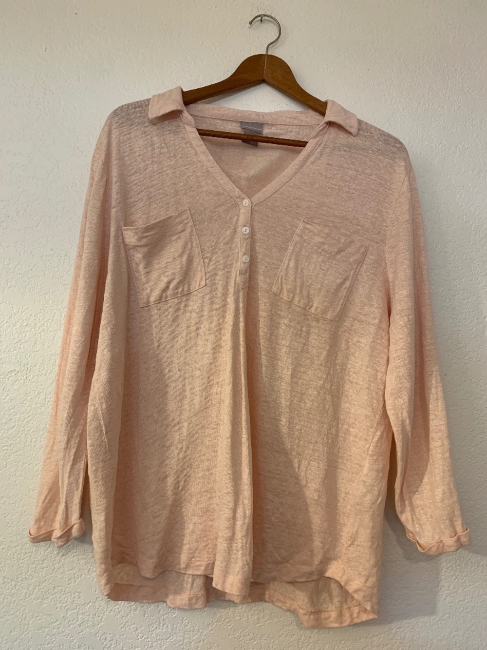 Chico’s Peach 3/4 Sleeve Blouse Collar 100% Linen T-Shirt 3 (US size XL or 16)